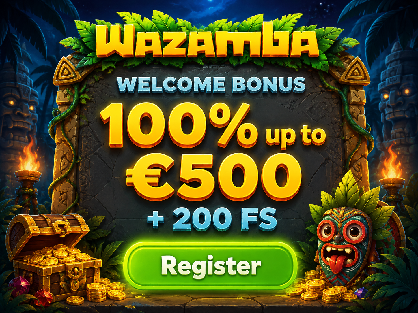 Illustration einer Schatztruhe, die den Wazamba-Willkommensbonus und Freispiele in Österreich repräsentiert