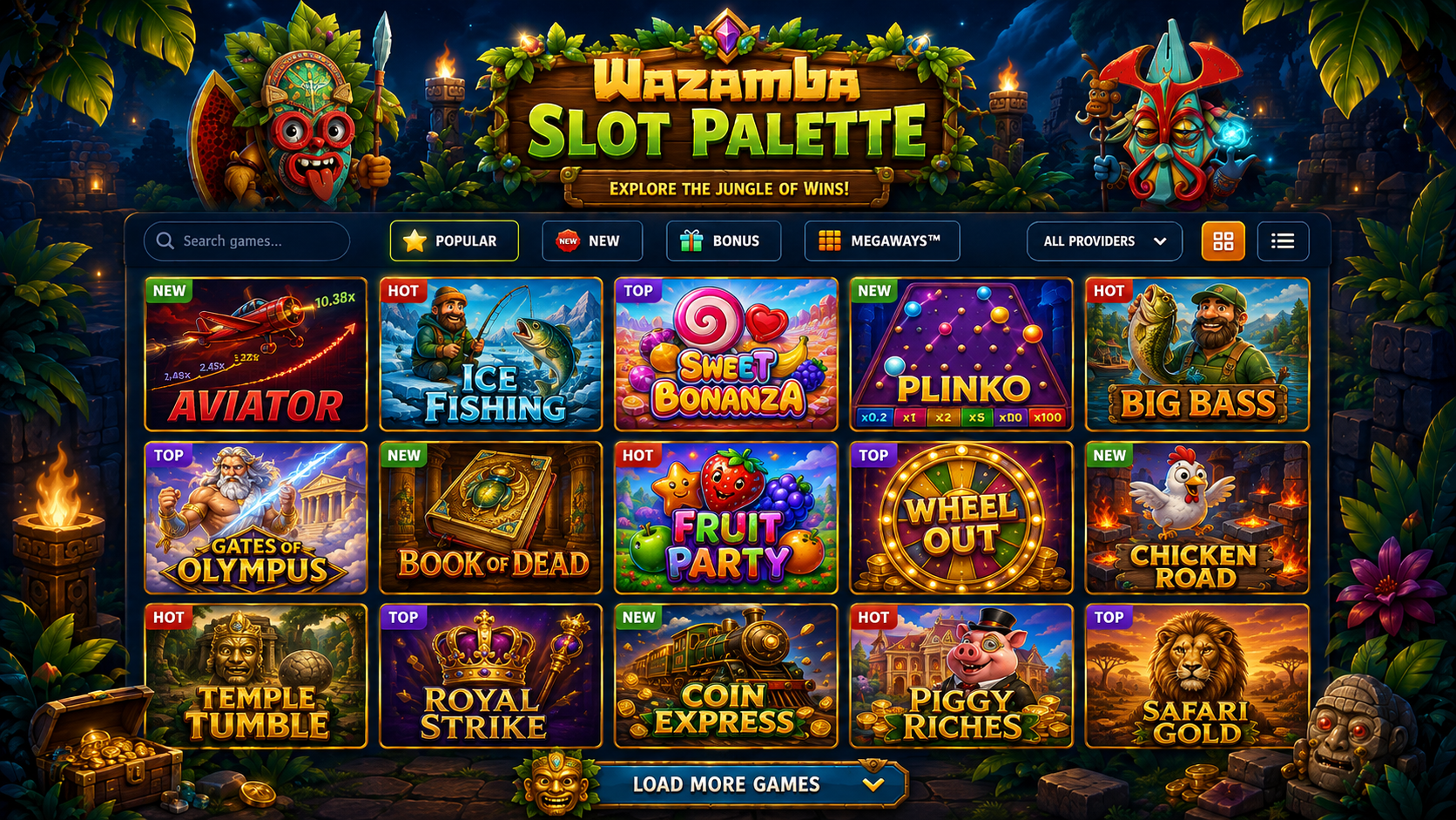 Stilisiertes Raster von Wazamba-Slot- und Live-Spiel-Kacheln